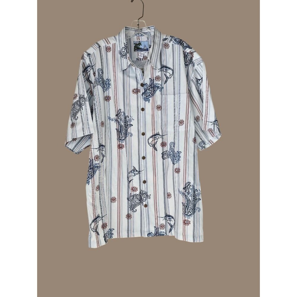 AFTCO Bluewater Marlin Button Front Shirt XL NWT Short Sleeves Nautical Beach Fi